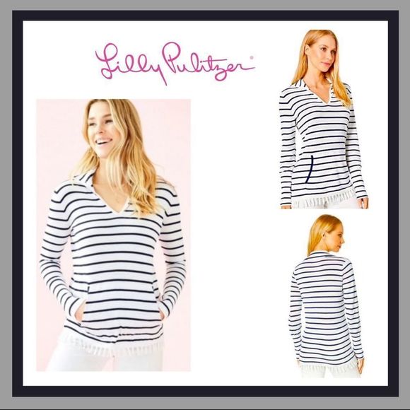 Lilly Pulitzer White/Navy Striped Crestwood V-Neck Pullover Sweater w/Coolmax XS - Picture 1 of 16